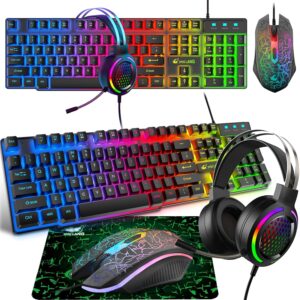 Gaming Keyboard Set with Headset and Mouse, 104 Keys Rainbow Backlit UK Keyboard, 2400dpi